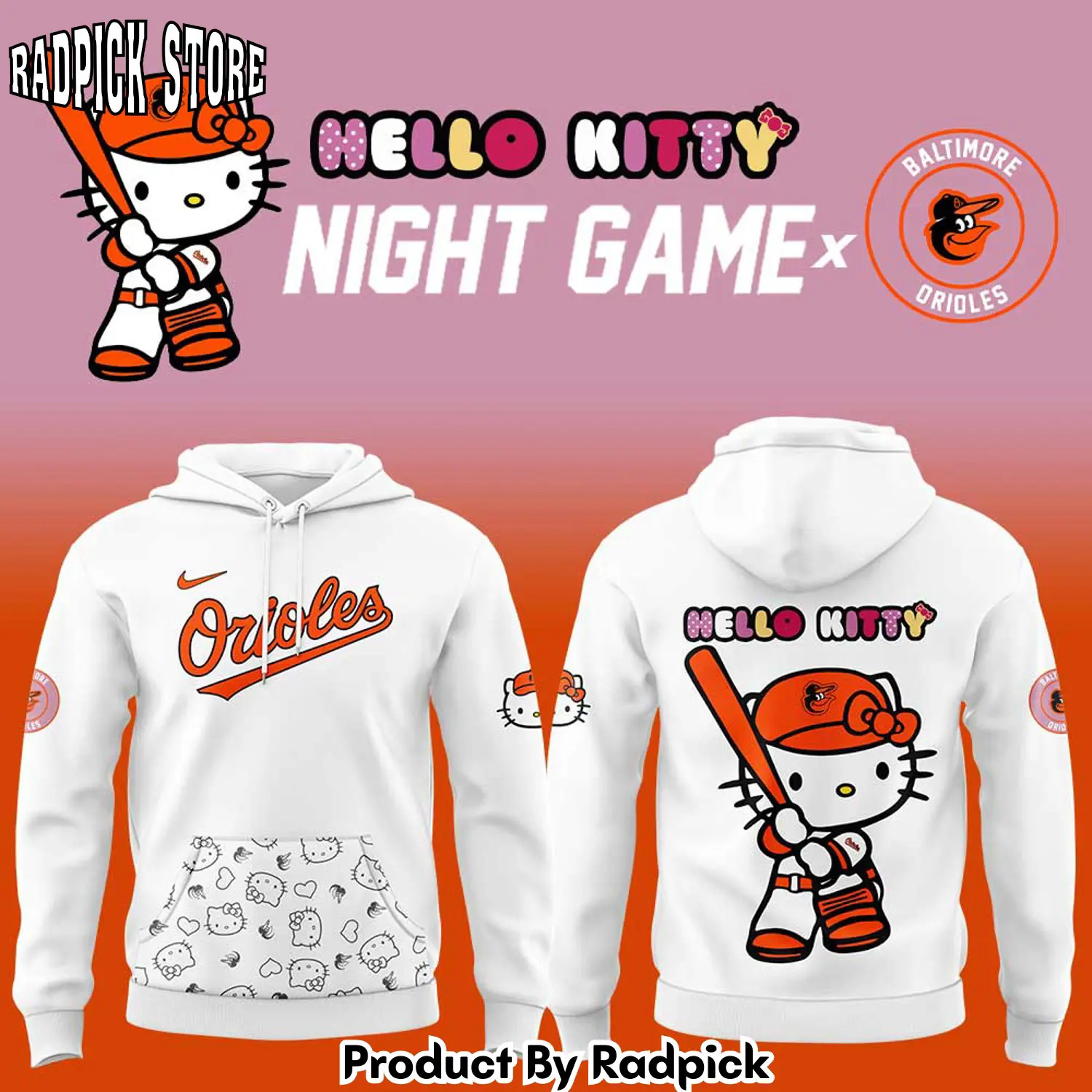 Baltimore orioles x hello kitty night game v2 hoodie joggers hoodie and long pants set rp291916